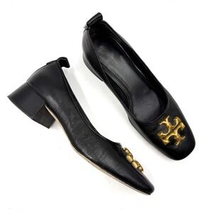 Tory Burch Eleanor Pump Black Leather Gold Logo Square Toe Block Heel Sz 10